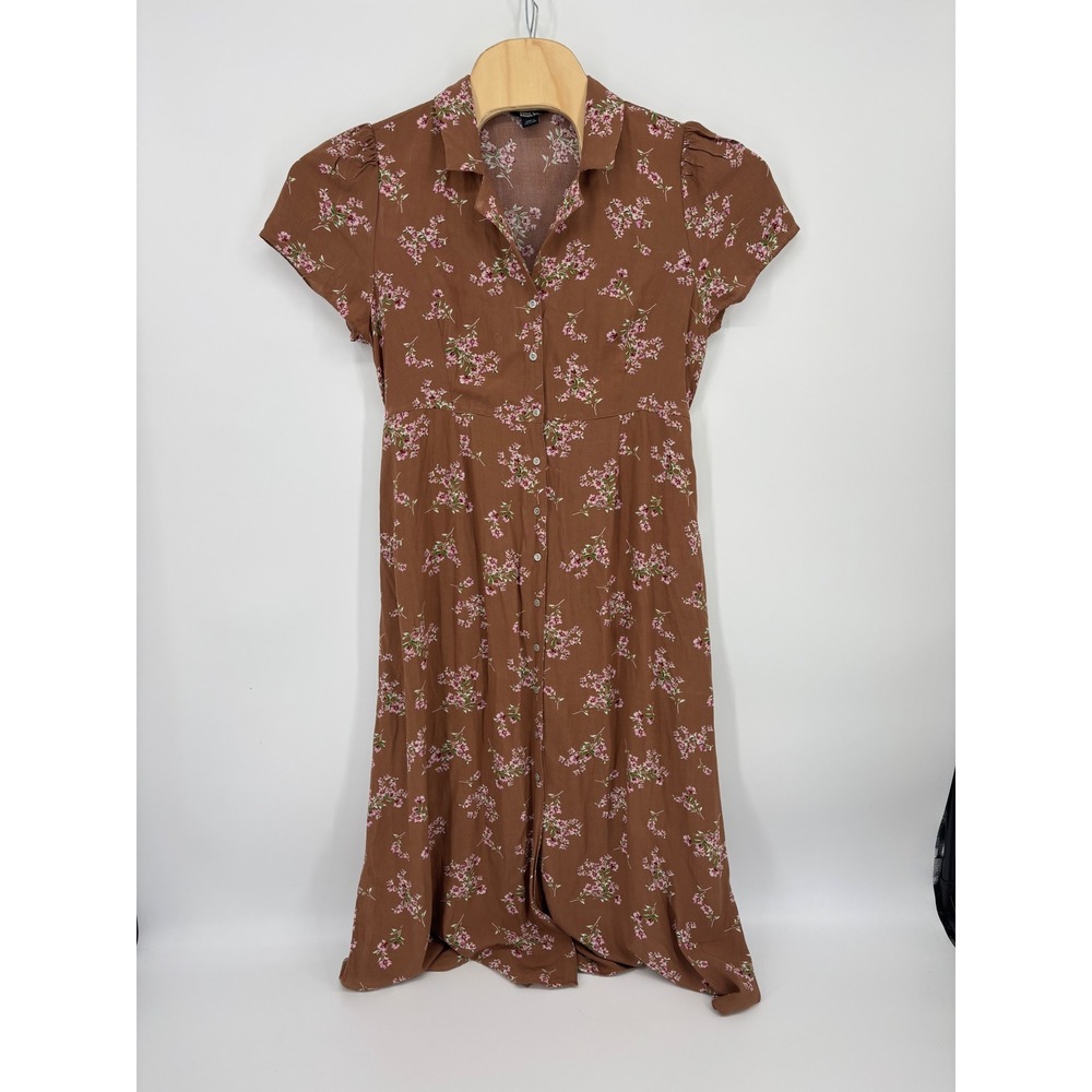 Eddie Bauer Womens Brown Floral Viscose Button Front Midi Shirt Dress Large